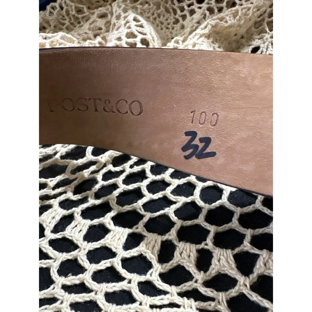 Post & Co Italy Dark Brown Leather Whipstitch Belt Silver Textured Buckle 32‎